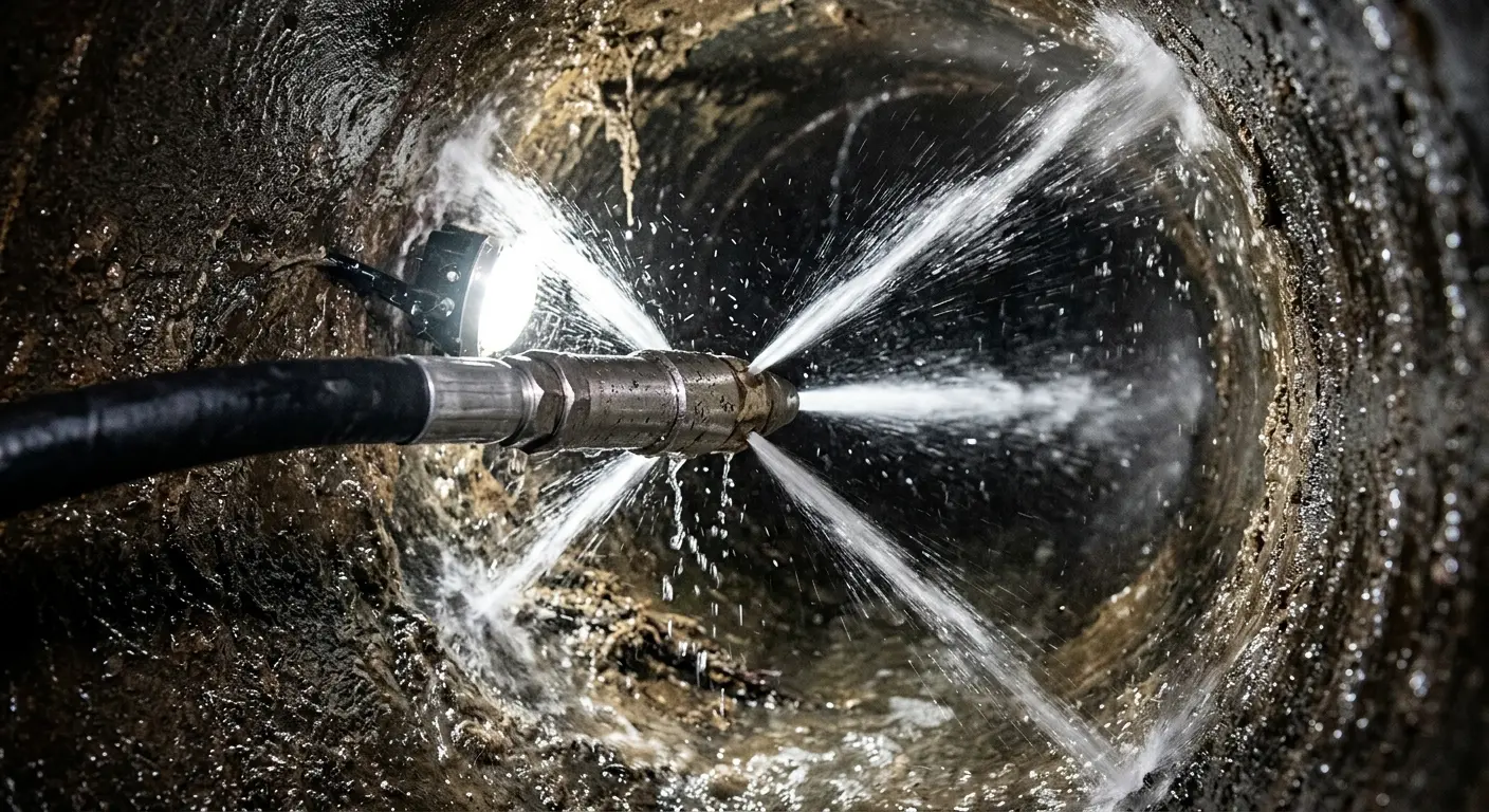 High-pressure hydro jetting nozzle cleaning sewer pipe for Trenchless Sewer Repair in New Carrollton