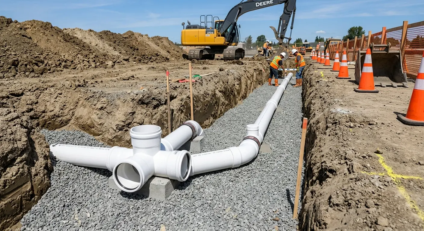New PVC sewer pipe installation in open trench for Commercial Drain Cleaning in New Carrollton