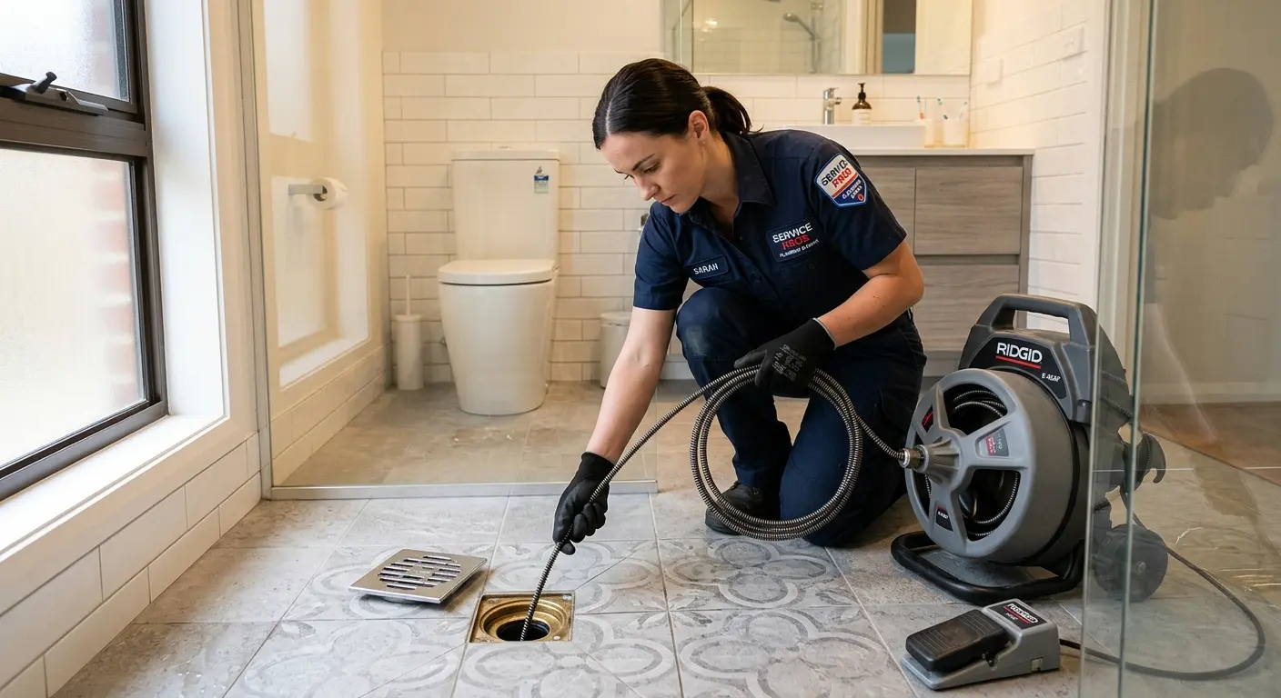 Technician clearing a bathroom floor drain for Clogged Drain Repair in New Carrollton